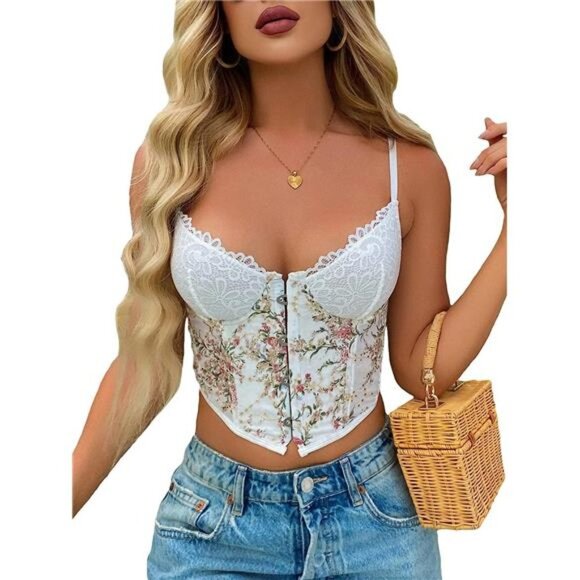 Y2K White Lace Floral Embroidered Bustier Corset Lace Up Cami Crop Top Tank Top - Picture 5 of 6